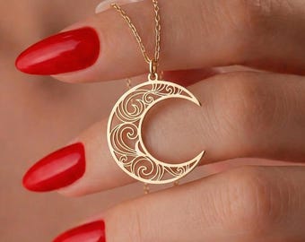 14K Solid Gold Crescent Moon Necklace: Intricate Swirl Lunar Charm, 925 Sterling Silver