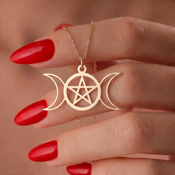 14K Solid Gold Triple Moon Pentagram Necklace: Wiccan Goddess Jewellery, 925 Sterling Silver