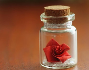 Rose im Glas - Origami Glücksbringer - Mini Geschenk Idee - Kleine Aufmerksamkeit - Deko Fläschchen - Miniatur - Papierhandwerk