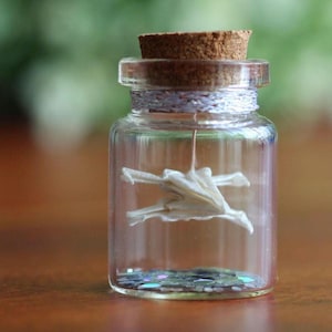 May include: A small clear glass bottle with a cork stopper, featuring a silver string wrapped around the neck. Inside, a white folded paper crane hangs from the cork, suspended above a base of small, iridescent, multi-colored glitter flakes.