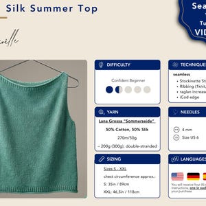 May include: A sleeveless green knitted top on a hanger, featured in a pattern guide titled LIV Silk Summer Top by Caivelle. The guide includes details on difficulty, stockinette stitch techniques, 4mm needle size, and yarn requirements of 200g to 300g.