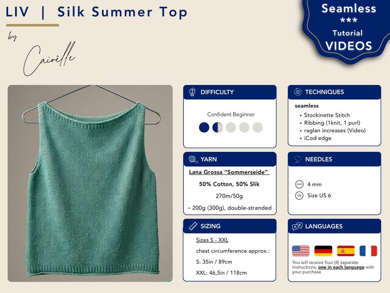 May include: A sleeveless green knitted top on a hanger, featured in a pattern guide titled LIV Silk Summer Top by Caivelle. The guide includes details on difficulty, stockinette stitch techniques, 4mm needle size, and yarn requirements of 200g to 300g.