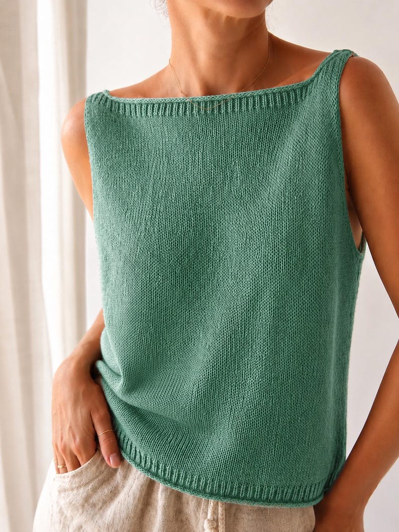 Silk Top Knitting Pattern Summer Tank PDF Top Down Seamless Raglan Boat Neck Sleeveless Knit Tee I-Cord Armhole Edges Cotton Blend Beginner image 8
