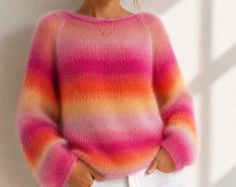 Mohair Sweater Knitting Pattern Top Down Raglan Pullover PDF Gradient Striped Balloon Sleeves Lightweight Summer Knit DIY Tutorial