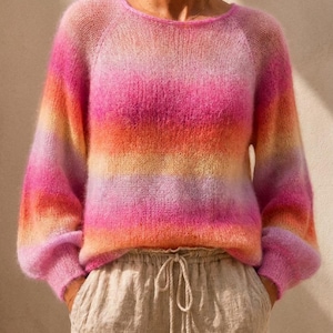 Mohair Sweater Knitting Pattern Top Down Raglan Pullover PDF Gradient Kid Silk Balloon Sleeves Lightweight Summer Knit Beginner Tutorial