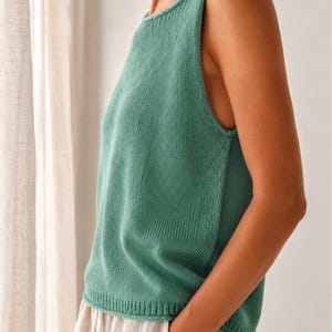 Silk Top Knitting Pattern Summer Tank PDF Top Down Seamless Raglan Boat Neck Sleeveless Knit Tee I-Cord Armhole Edges Cotton Blend Beginner image 7