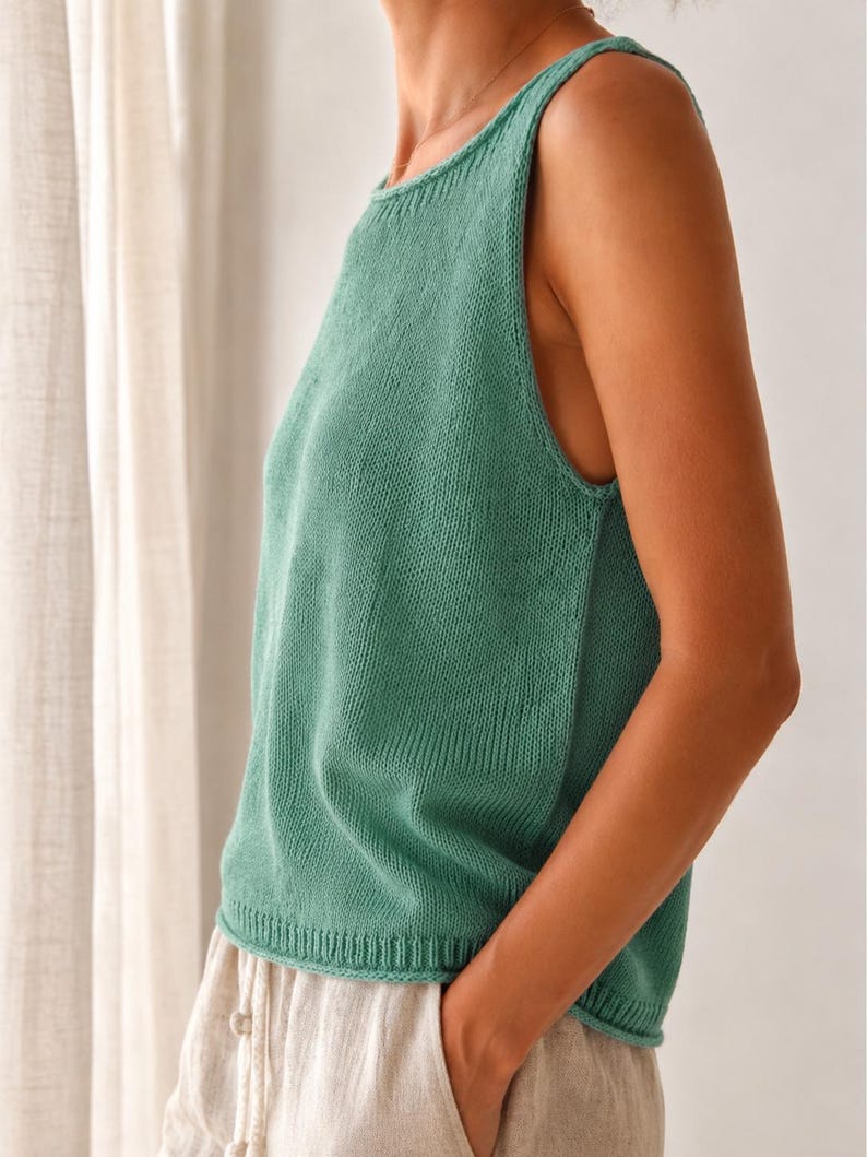 Silk Top Knitting Pattern Summer Tank PDF Top Down Seamless Raglan Boat Neck Sleeveless Knit Tee I-Cord Armhole Edges Cotton Blend Beginner image 7