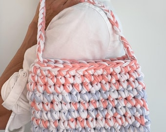 Tricolor T-Shirt Yarn Crochet Bag Pattern I Beginner Boho Bucket Bag (PDF Tutorial)