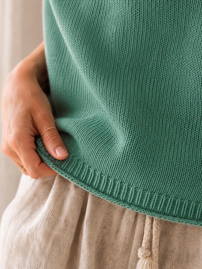 Silk Top Knitting Pattern Summer Tank PDF Top Down Seamless Raglan Boat Neck Sleeveless Knit Tee I-Cord Armhole Edges Cotton Blend Beginner image 2