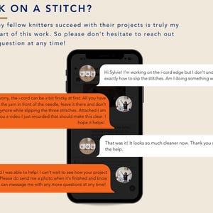 May include: A smartphone displaying a messaging conversation with the text STUCK ON A STITCH? at the top. The chat shows a user asking about an i-cord edge and receiving helpful advice from Sylvie, including an offer to send a video for clarity.