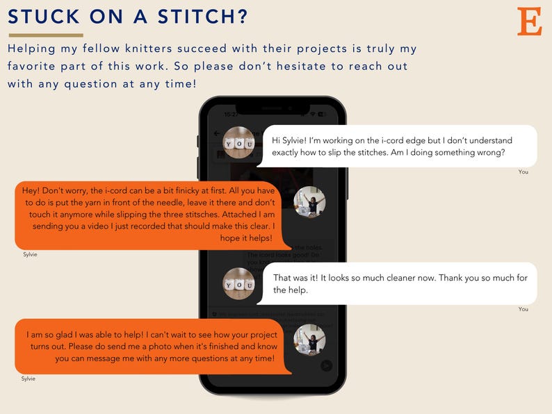 May include: A smartphone displaying a messaging conversation with the text STUCK ON A STITCH? at the top. The chat shows a user asking about an i-cord edge and receiving helpful advice from Sylvie, including an offer to send a video for clarity.