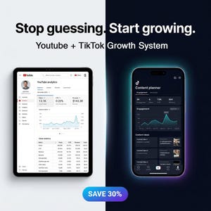 Puede incluir: Gráfico de marketing digital con el texto "Deja de adivinar. Empieza a crecer. Sistema de crecimiento de Youtube + TikTok". Una tableta y un smartphone muestran herramientas de análisis y planificación de contenido. Un botón azul dice "AHORRA 30%".