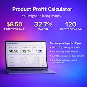 Puede incluir: Una pantalla de portátil muestra una calculadora de ganancias de productos con métricas clave: $8.50 de ganancia por venta, 32.7% de margen y 120 ventas para alcanzar el punto de equilibrio. El fondo es un degradado de púrpura y azul.