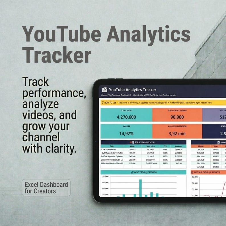 Excel Youtube Analytics Tracker Pro | Youtube Channel Growth Spreadsheet | Video Performance ...