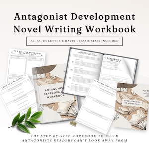 Op de afbeelding: Een Antagonist Development Novel Writing Workbook met meerdere pagina's en covers met boekillustraties. De tekst bevat Antagonist Development Novel Writing Workbook, A4, A5, US Letter & Happy Classic Sizes Included en Understanding the Antagonist.