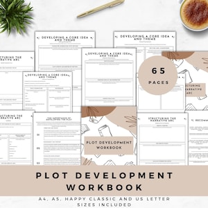 May include: A collection of white workbooks with black text, titled "Plot Development Workbook." The workbooks include pages with prompts and diagrams. The image also shows a gold pen, a cup of coffee, and a small plant.