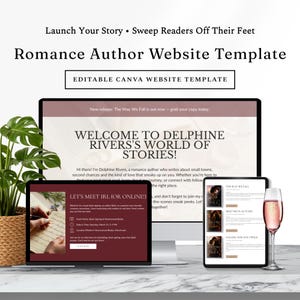 May include: An editable Canva website template for romance authors displayed on a computer monitor and tablet screen. The design features text including "Welcome to Delphine Rivers's World of Stories" and "Let's Meet IRL (or Online!)" with a glass of pink champagne.