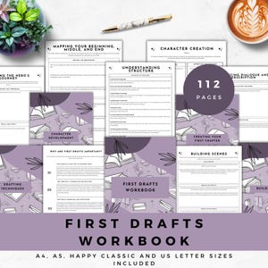 Puede incluir: Un conjunto de cuadernos de escritura en morado y blanco, titulados "First Drafts Workbook". Los cuadernos cubren temas como la creación de personajes y las técnicas de redacción. También se ven un bolígrafo y una taza de café.