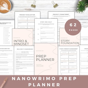May include: A 62-page NaNoWriMo prep planner set featuring various printed sheets including a story idea vault, project evaluation, and story foundation. The pages have a light beige background with thin, wavy line accents and black text.