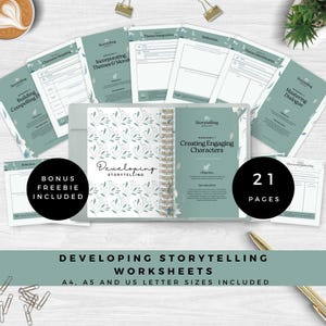 May include: A set of 21 sage green storytelling worksheets featuring a spiral-bound notebook open to a page titled Creating Engaging Characters. The pages include sections for character mapping, theme integration, and dialogue mastery.