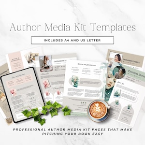 Plantilla de kit de prensa para autores en Canva, plantilla de kit de prensa para autores, kit de prensa para escritores para el lanzamiento de un libro, kit de marketing para autores independientes, editable.