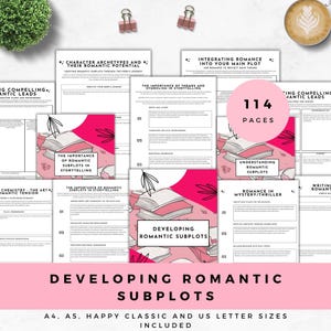 Arbetsbok för romanskrivning, romantisk delhandling, arbetsblad för att utveckla romantik, utskrivbar författarplanerare, kreativ skrivjournal, berättelseplottning