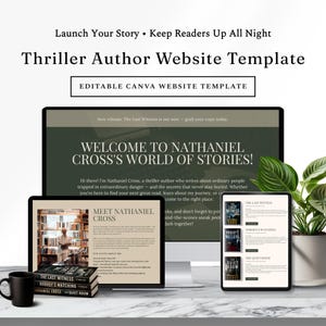 May include: A digital website template for thriller authors displayed on a computer monitor and tablet screen. The design features dark green and beige color schemes with text including "Welcome to Nathaniel Cross's World of Stories" and book titles like "The Last Witness," "Nobody's Watching," and "The Quiet Room."