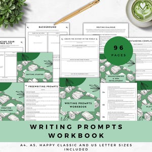 May include: A Writing Prompts Workbook with 96 pages, featuring a green and white design. The workbook includes prompts for brainstorming, character creation, and dialogue. A gold pen and a cup of matcha are also visible.