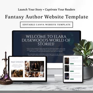 May include: A digital fantasy author website template displayed on a computer monitor and tablet. The screen text reads Welcome to Elara Duskwood's World of Stories, Past Events, and book titles The Ember Crown, Shadow of the Wyrmwood, and The Last Starweaver.