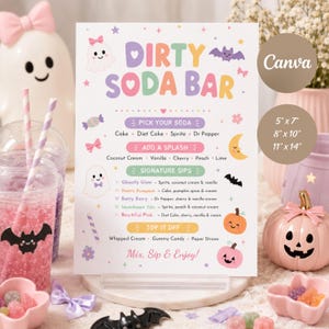 Schild für eine schmutzige Limonadenbar, Pastellfarbene Halloween-Getränkekarte, Gruselige Geburtstagsparty für zwei Personen, Bearbeitbare Limonadenkarte auf Canva, Niedliche Geisterparty-Vorlage zum Ausdrucken