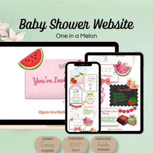 Puede incluir: Un diseño de sitio web para baby shower con tema de sandía, mostrado en una computadora portátil, teléfono y tableta. El teléfono y la tableta muestran detalles de la invitación, información de RSVP y una rifa de pañales. El texto incluye "Baby Shower Website".