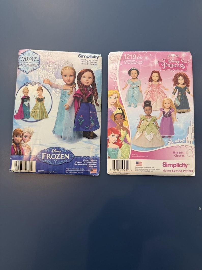 Lot de 2 modèles de poupée Simplicity Princesses Disney et La Reine des neiges Disney non découpés image 1