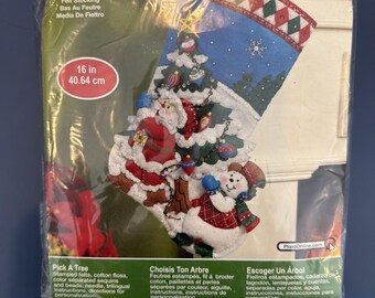 Bucilla vilten kerstsok met kerstboommotief (40 cm), kerstman en sneeuwpop (nieuw in verpakking)