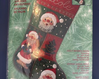 Vintage 2001 Bucilla DIY vilten applicatie kerstsok met vrolijke kralen kerstman 45 cm nieuw verzegeld
