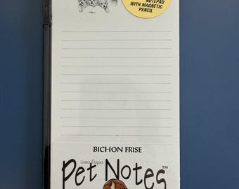 Bloco de notas magnético vintage de 1994 com desenho de Bichon Frisé e lápis, da Pet Notes. Novo e lacrado.