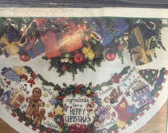 Vintage zeldzame Dimensions kerstboomrok/tafelkleed, telpatroon voor kruissteek, nieuw