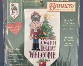 Vintage Dimensions telpatroon kerstbanner voor kruissteek 8x14 inch, nieuw en verzegeld.
