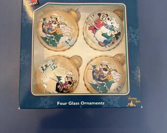 Mickey Mouse kerstornamenten van Krebs, 4 glazen ornamenten, vintage jaren 90, originele doos.