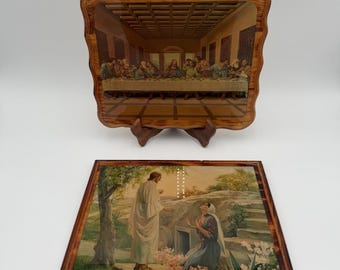 Vtg Handmade The Last Supper & Jesus With Mary At The Tomb Lacquered  on Wood