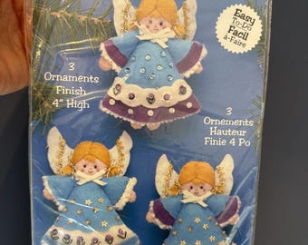Zeldzame DIY Design Works vilten ornamentenset met engeltjes (3 ornamenten), nieuw en verzegeld.