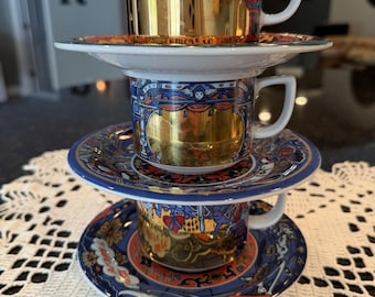 Set Of 3 Bopla Langethal Gold Mirrored Espresso Cups/Saucers Swiss Made Rare Set