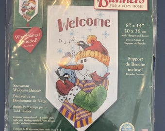 Vintage Dimensions telpatroon kerstbanner met kruissteek en sneeuwpop, 8x14 inch, nieuw en verzegeld.