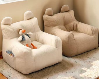 Divano a sacco per bambini con simpatiche orecchie da orso, poltrona singola morbida in peluche per cameretta, sala giochi e soggiorno, arredamento nordico semplice