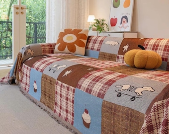 Funda grande de una pieza para sofá, toalla de algodón para sofá, protector de sofá para sofá seccional de 5 plazas, canapé d'angle, manta decorativa con estampado de perro y patchwork.