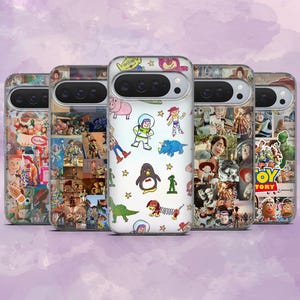 May include: Five phone cases featuring colorful collages of Toy Story characters. The cases showcase various characters like Buzz Lightyear, Woody, and others, set against a purple background. Each case has a different design.