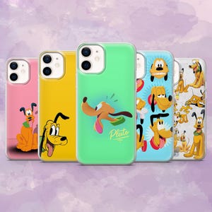 May include: Five phone cases showcasing the Disney character Pluto. The cases are in a range of colours: pink, yellow, green, blue, and white. Each case features a different Pluto design, with the green case displaying the name "Pluto".