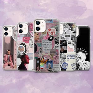 May include: A collection of phone cases featuring various designs. One case has a pink background with a collage of images and text, including a butterfly and the words "LOVE LOST." Other cases display portraits and text.