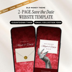 Op de afbeelding: Twee smartphones tonen een website-sjabloon voor een bruiloft met een bordeauxrode bloemenachtergrond. De sjabloon bevat de tekst "Save the Date" en "Mikayla & Gregory". Extra tekst omvat "Countdown Timer" en "Email Collection Form".