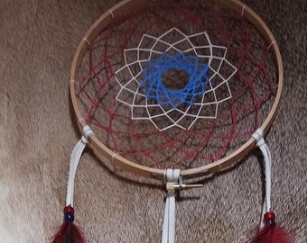 Dream Catcher embroidery hoop red white and blue painted web white leather rooster feathers