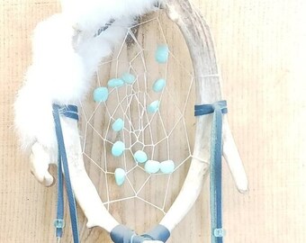 Deer Antler Dream Catcher white rabbit fur Amazonite stones blue leather glass beads  turkey feathers